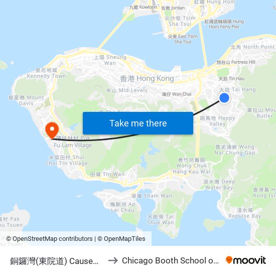 銅鑼灣(東院道) Causeway Bay (Eastern Hospital Rd) to Chicago Booth School of Business Hong Kong campus map