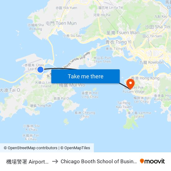 機場警署 Airport Police Station to Chicago Booth School of Business Hong Kong campus map