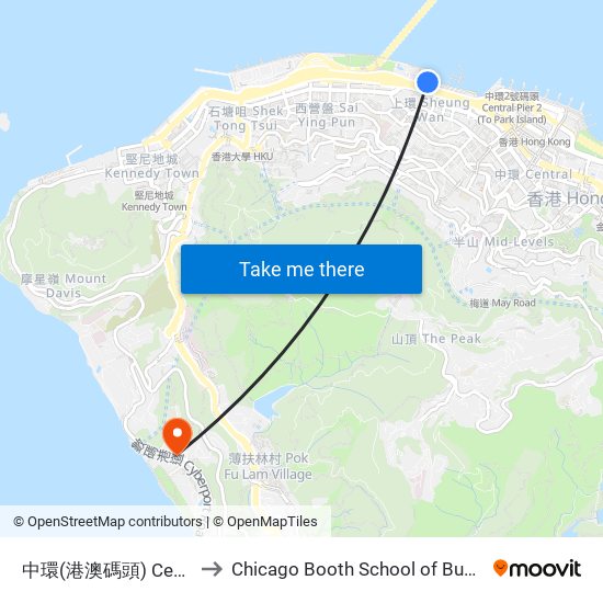 中環(港澳碼頭) Central (Macau Ferry) to Chicago Booth School of Business Hong Kong campus map