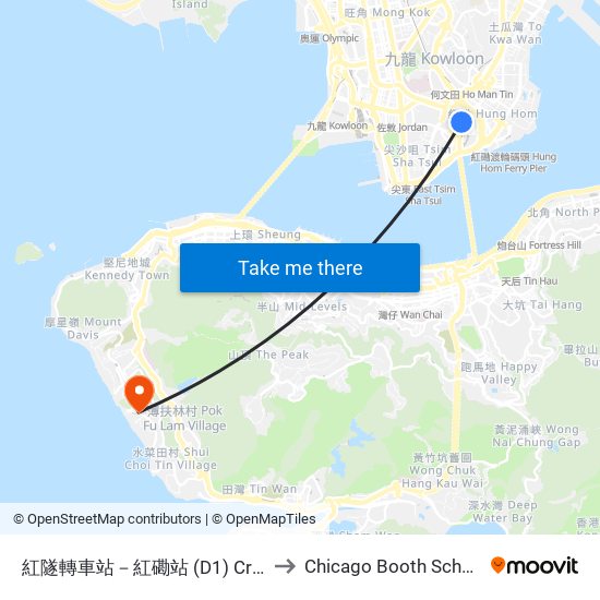 紅隧轉車站－紅磡站 (D1) Cross Habour Tunnel Bbi - Hung Hom Station (D1) to Chicago Booth School of Business Hong Kong campus map