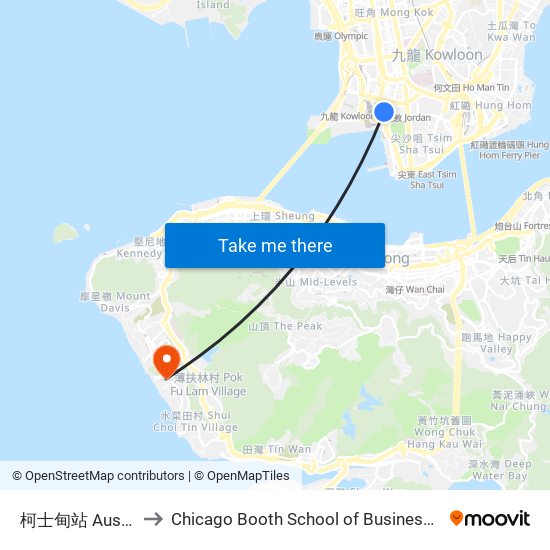 柯士甸站 Austin Station to Chicago Booth School of Business Hong Kong campus map