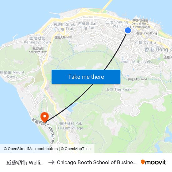 威靈頓街 Wellington Street to Chicago Booth School of Business Hong Kong campus map