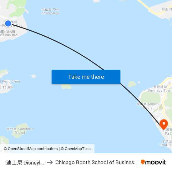 迪士尼 Disneyland Resort to Chicago Booth School of Business Hong Kong campus map