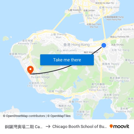銅鑼灣廣場二期 Causeway Bay Plaza 2 to Chicago Booth School of Business Hong Kong campus map