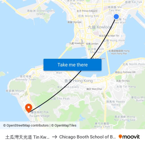 土瓜灣天光道 Tin Kwong Road To Kwa Wan to Chicago Booth School of Business Hong Kong campus map