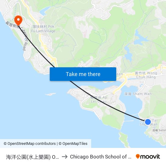 海洋公園(水上樂園) Ocean Park (Water World) to Chicago Booth School of Business Hong Kong campus map