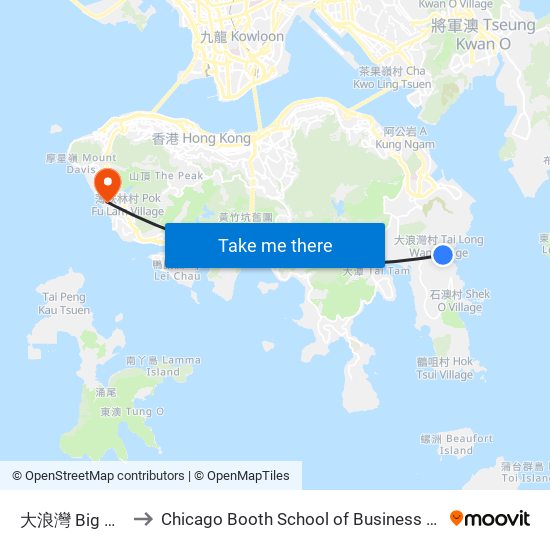 大浪灣 Big Wave Bay to Chicago Booth School of Business Hong Kong campus map
