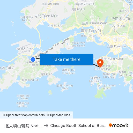 北大嶼山醫院 North Lantau Hospital to Chicago Booth School of Business Hong Kong campus map