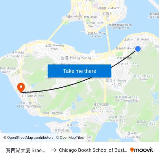 賽西湖大廈 Braemar Hill Mansions to Chicago Booth School of Business Hong Kong campus map