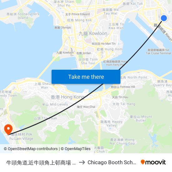 牛頭角道,近牛頭角上邨商場 Ngau Tau Kok Road, Upper Ngau Tau Kok Estate to Chicago Booth School of Business Hong Kong campus map