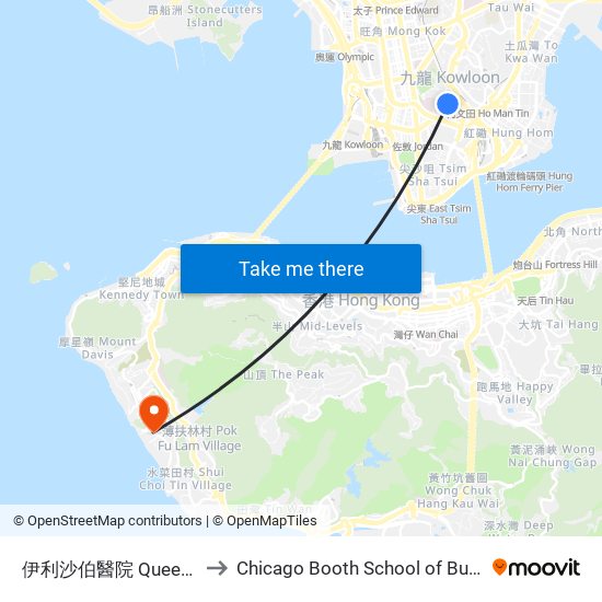 伊利沙伯醫院 Queen Elizabeth Hospital to Chicago Booth School of Business Hong Kong campus map