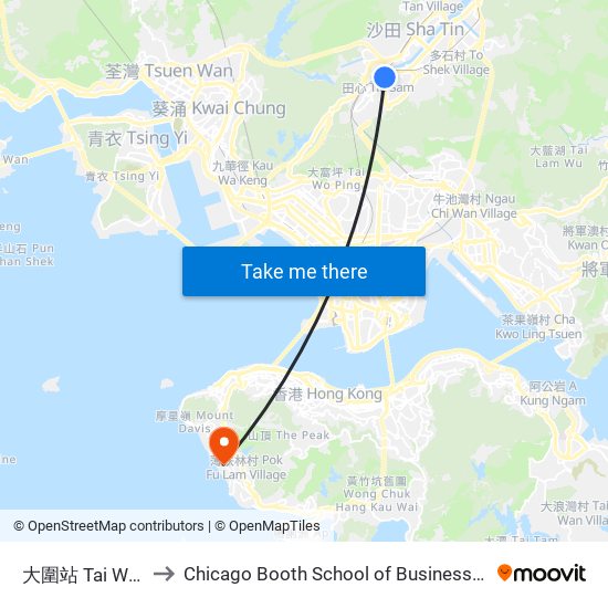 大圍站 Tai Wai Station to Chicago Booth School of Business Hong Kong campus map