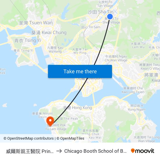 威爾斯親王醫院 Prince Of Wales Hospital to Chicago Booth School of Business Hong Kong campus map