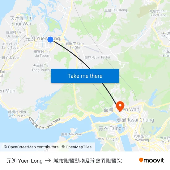 元朗 Yuen Long to 城市獸醫動物及珍禽異獸醫院 map