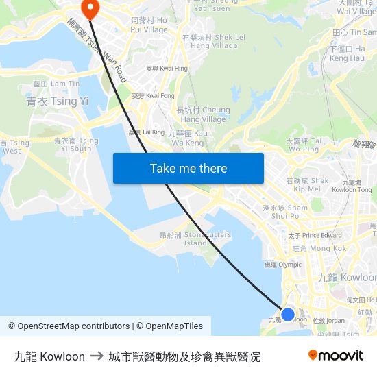 九龍 Kowloon to 城市獸醫動物及珍禽異獸醫院 map