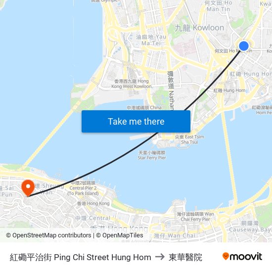 紅磡平治街 Ping Chi Street Hung Hom to 東華醫院 map