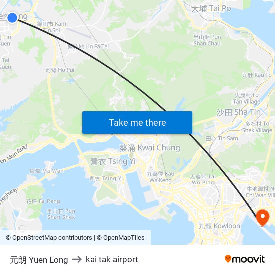 元朗 Yuen Long to kai tak airport map