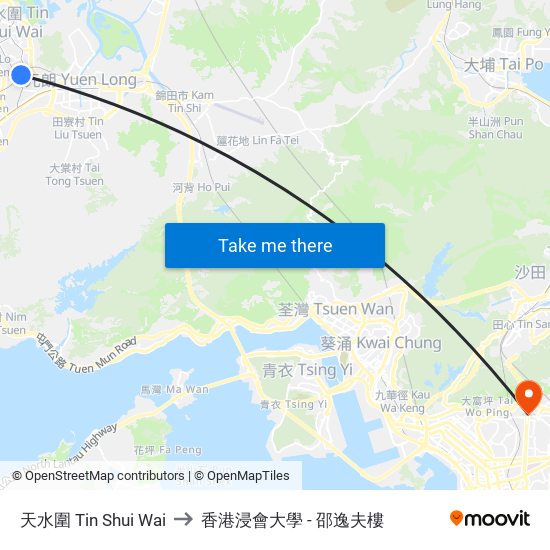 天水圍 Tin Shui Wai to 香港浸會大學 - 邵逸夫樓 map