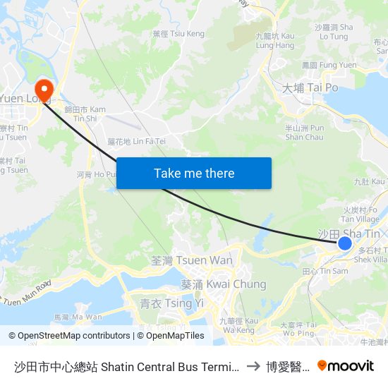 沙田市中心總站 Shatin Central Bus Terminus to 博愛醫院 map