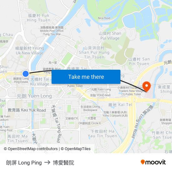 朗屏 Long Ping to 博愛醫院 map