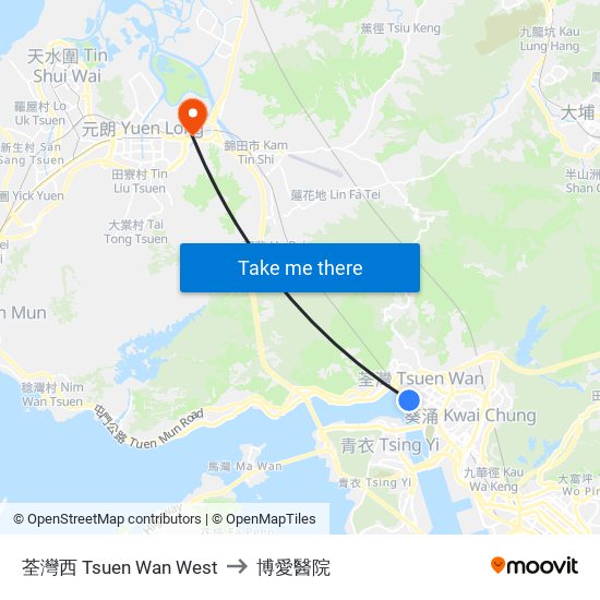 荃灣西 Tsuen Wan West to 博愛醫院 map