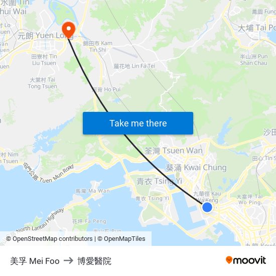 美孚 Mei Foo to 博愛醫院 map