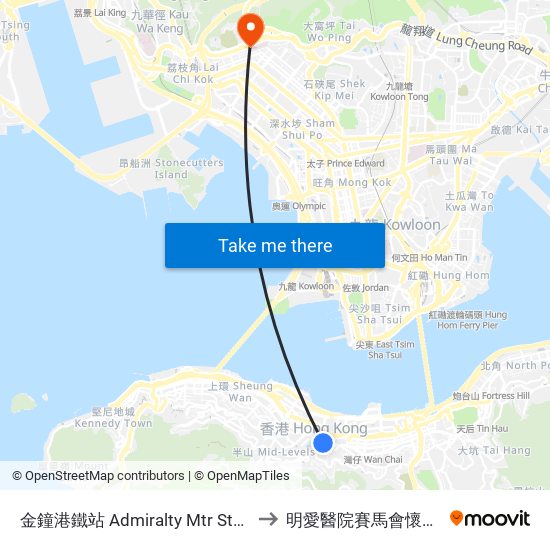 金鐘港鐵站 Admiralty Mtr Station to 明愛醫院賽馬會懷愛樓 map