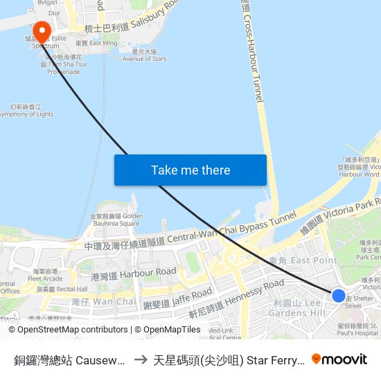 銅鑼灣總站 Causeway Bay Terminus to 天星碼頭(尖沙咀) Star Ferry Pier (Tsim Sha Tsui) map