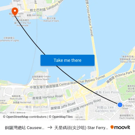 銅鑼灣總站 Causeway Bay Terminus to 天星碼頭(尖沙咀) Star Ferry Pier (Tsim Sha Tsui) map
