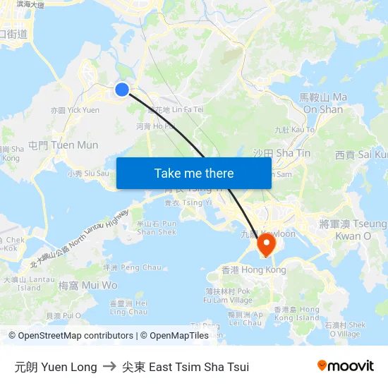 元朗 Yuen Long to 尖東 East Tsim Sha Tsui map