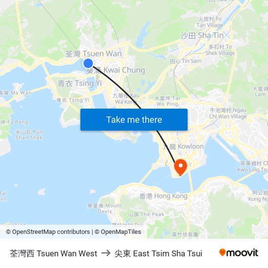 荃灣西 Tsuen Wan West to 尖東 East Tsim Sha Tsui map