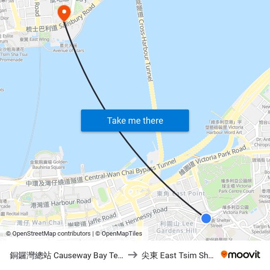 銅鑼灣總站 Causeway Bay Terminus to 尖東 East Tsim Sha Tsui map