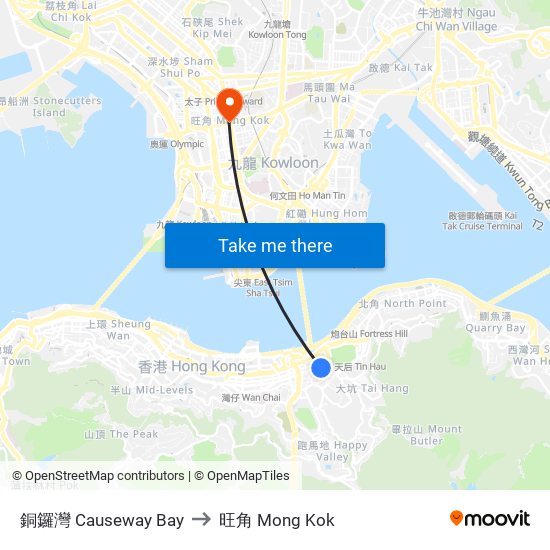 銅鑼灣 Causeway Bay to 旺角 Mong Kok map