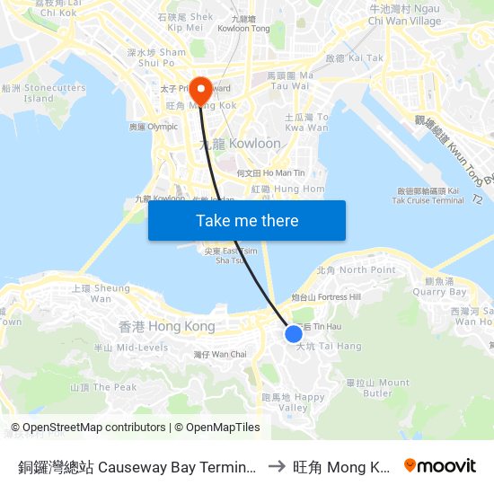 銅鑼灣總站 Causeway Bay Terminus to 旺角 Mong Kok map
