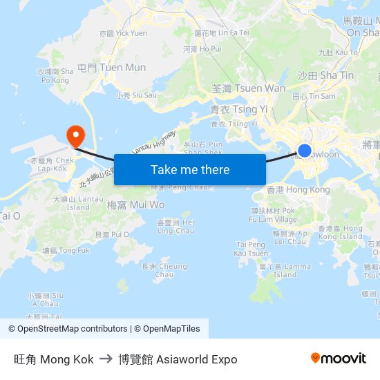 旺角 Mong Kok to 博覽館 Asiaworld Expo map