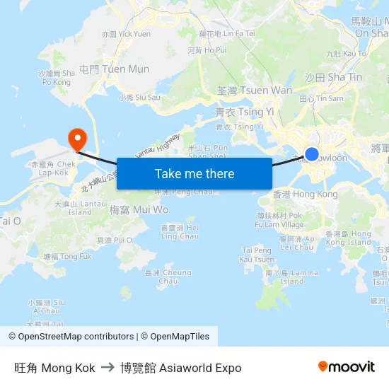 旺角 Mong Kok to 博覽館 Asiaworld Expo map