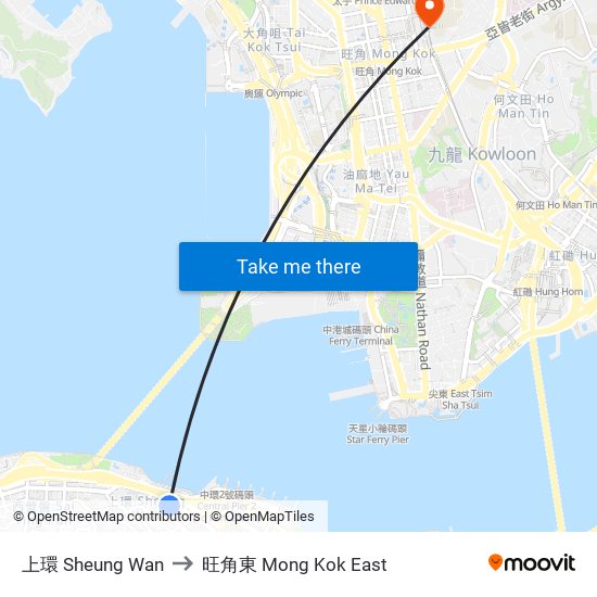 上環 Sheung Wan to 旺角東 Mong Kok East map