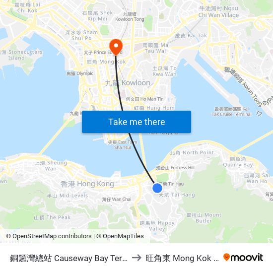 銅鑼灣總站 Causeway Bay Terminus to 旺角東 Mong Kok East map