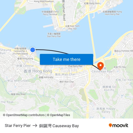 Star Ferry Pier to 銅鑼灣 Causeway Bay map