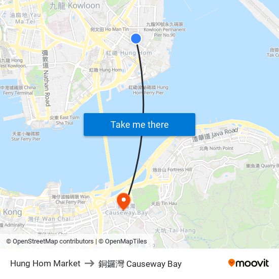 Hung Hom Market to 銅鑼灣 Causeway Bay map