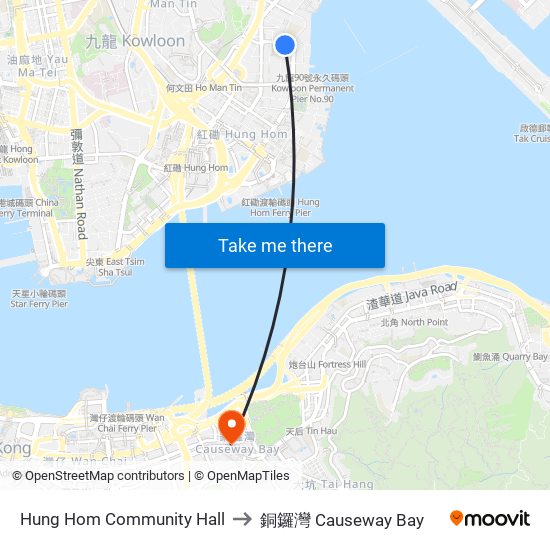 Hung Hom Community Hall to 銅鑼灣 Causeway Bay map