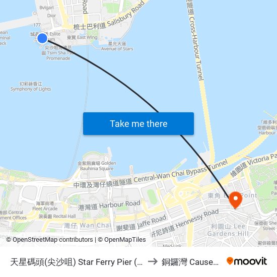 天星碼頭(尖沙咀) Star Ferry Pier (Tsim Sha Tsui) to 銅鑼灣 Causeway Bay map