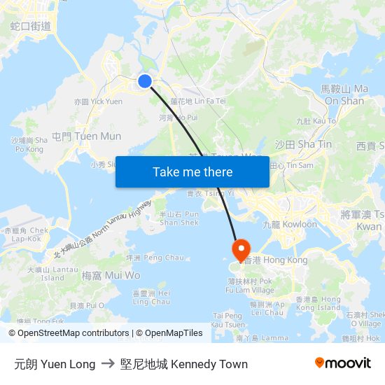 元朗 Yuen Long to 堅尼地城 Kennedy Town map