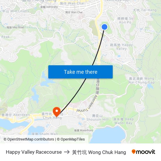 Happy Valley Racecourse to 黃竹坑 Wong Chuk Hang map