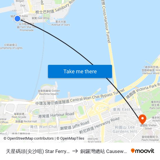 天星碼頭(尖沙咀) Star Ferry Pier (Tsim Sha Tsui) to 銅鑼灣總站 Causeway Bay Terminus map