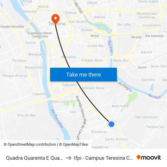 Quadra Quarenta E Quatro, 1 to Ifpi - Campus Teresina Central map