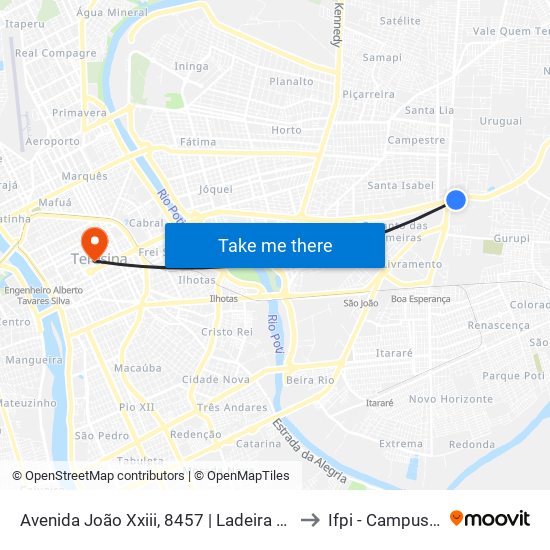Avenida João Xxiii, 8457 | Ladeira Do Uruguai (Embarque Intermunicipal) to Ifpi - Campus Teresina Central map