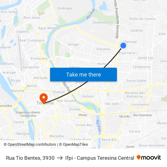 Rua Tio Bentes, 3930 to Ifpi - Campus Teresina Central map