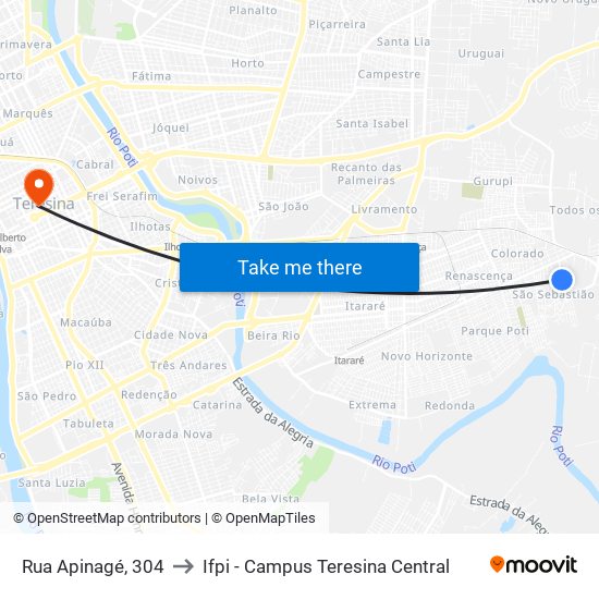 Rua Apinagé, 304 to Ifpi - Campus Teresina Central map