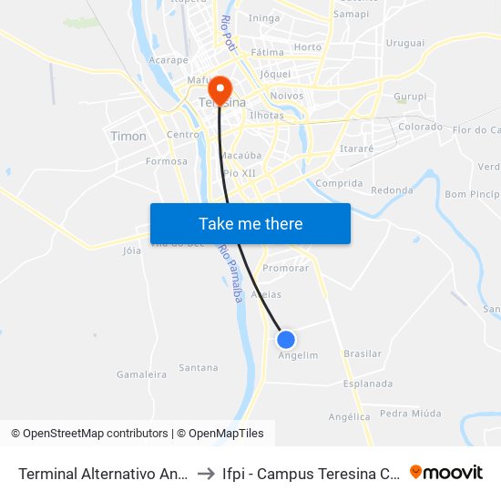 Terminal Alternativo Angelim to Ifpi - Campus Teresina Central map